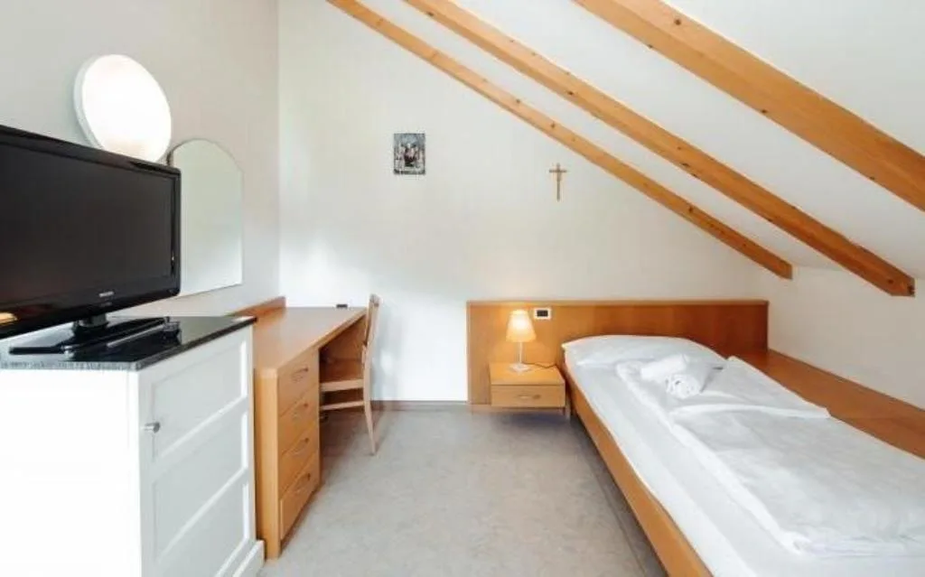 Camera mansardata con letto singolo, scrivania, televisore e travi in legno